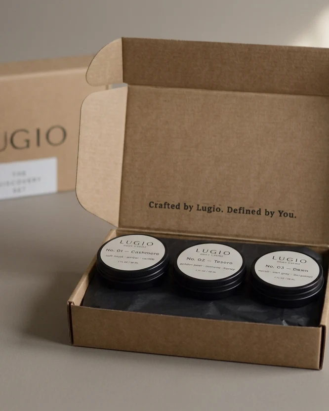 Three Lugio tins nestled in the open Discovery Set kraft box